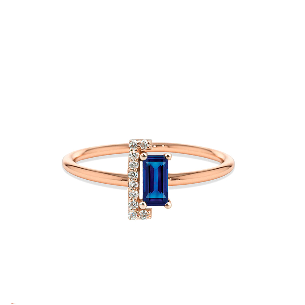 14K Solid Gold Baguette Diamond Sapphire Ring