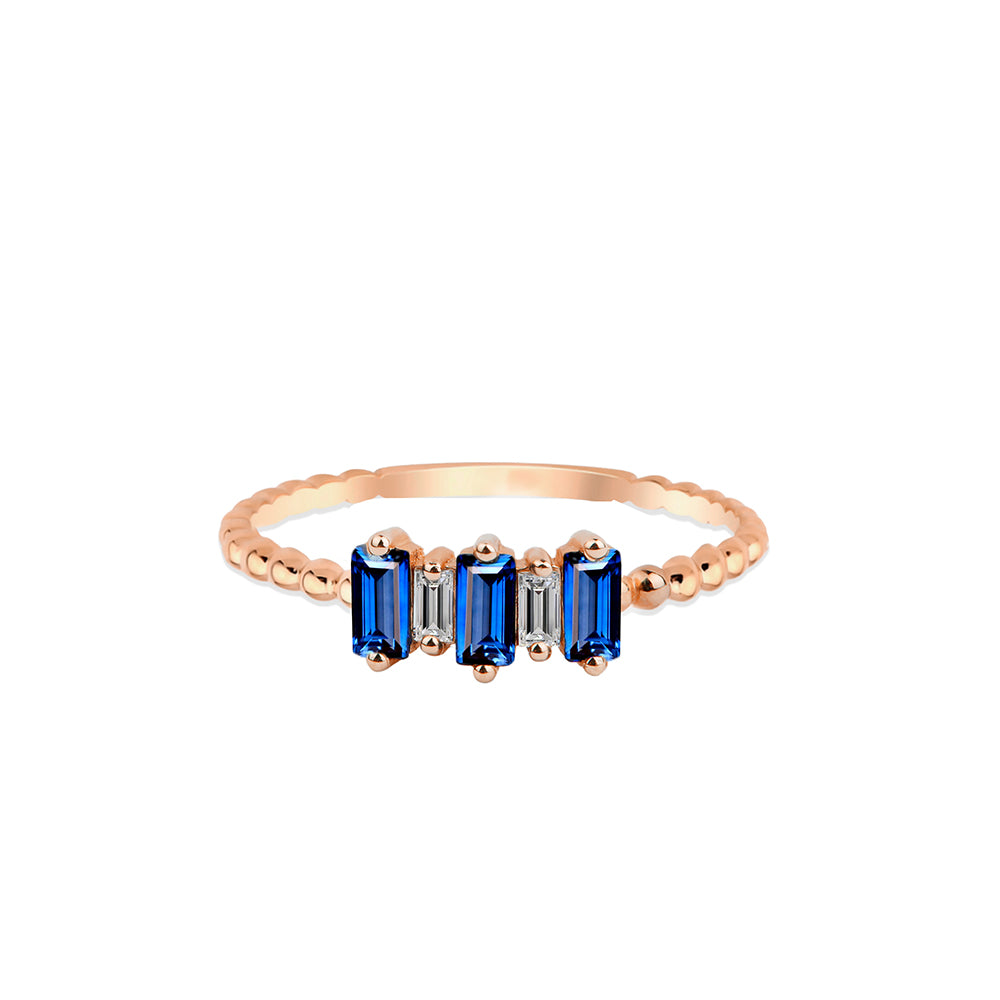 14K Gold Baguette Diamond Sapphire Ring