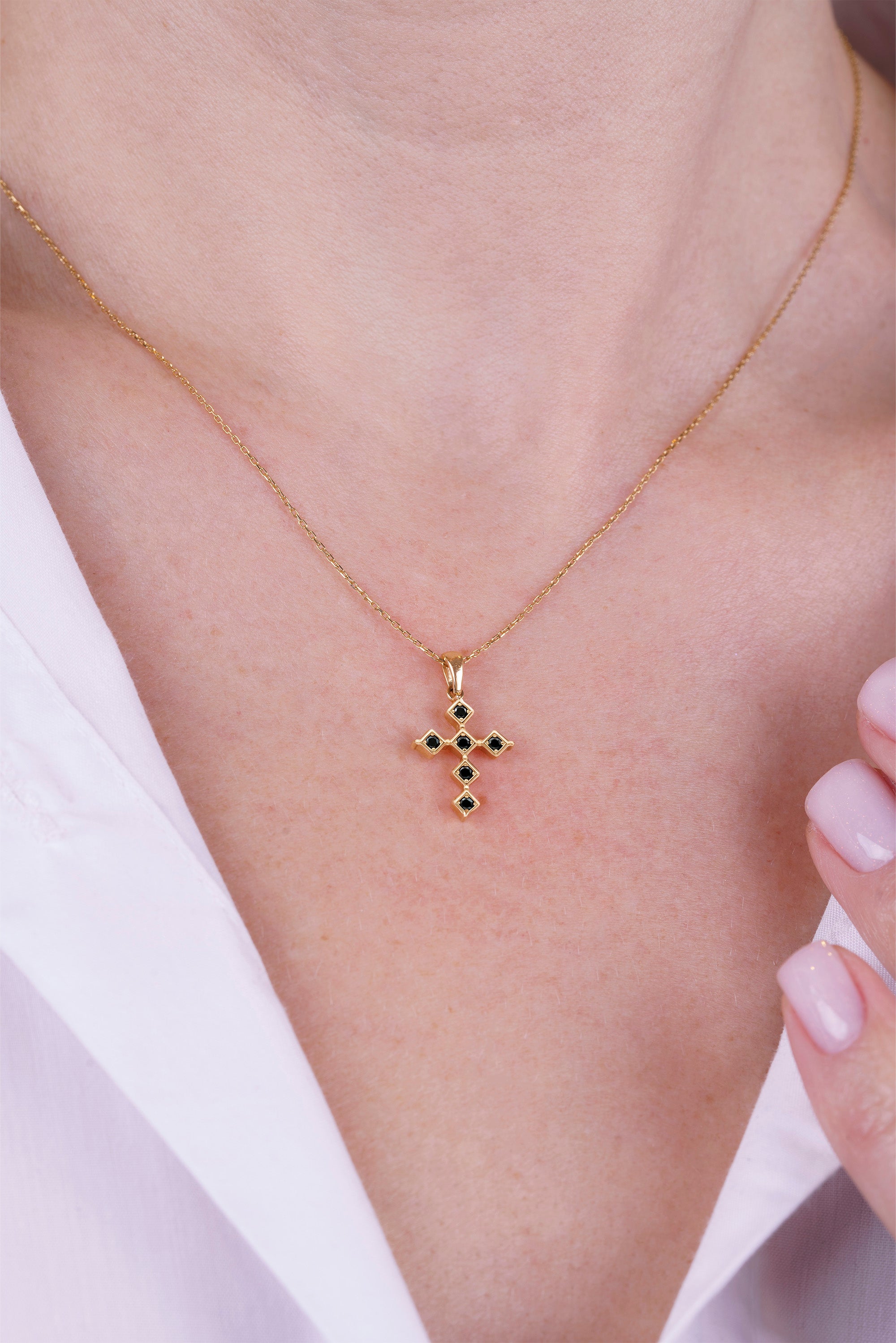 14K Gold Black Diamond Cross Necklace / Christian Jewelry Gift