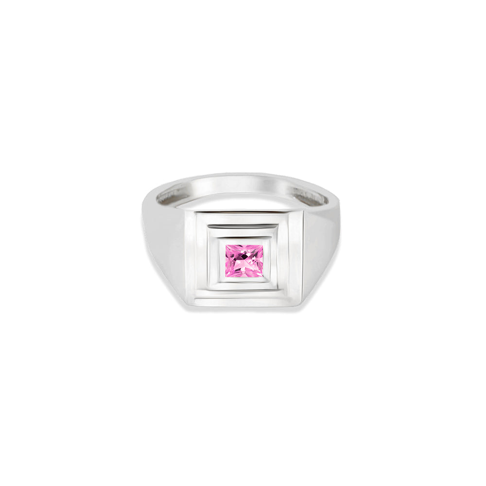 14K Gold Pink Sapphire Signet Ring / Princess Cut Gemstone