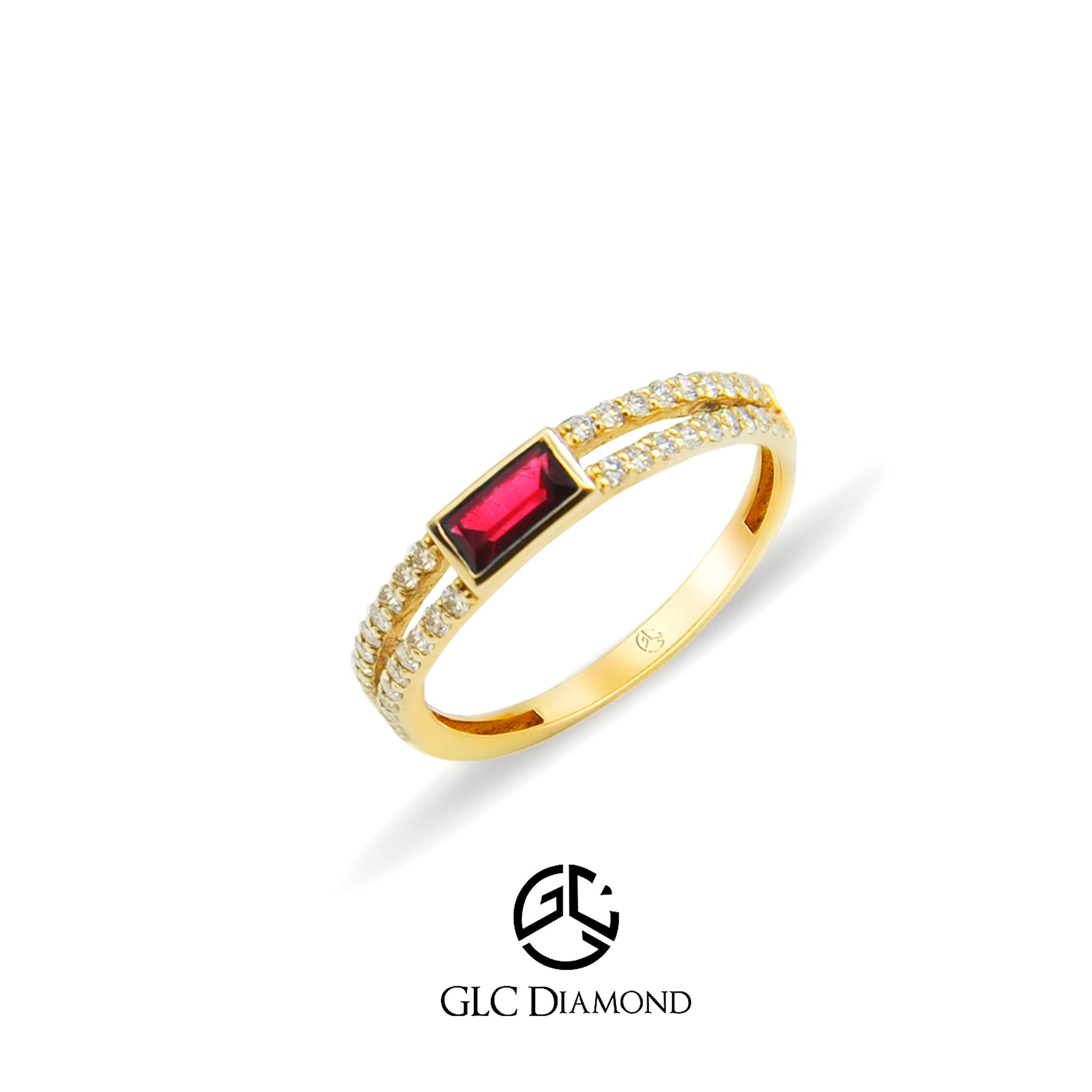 14K Gold Baguette Diamond Ruby Ring, Minimalist Ring