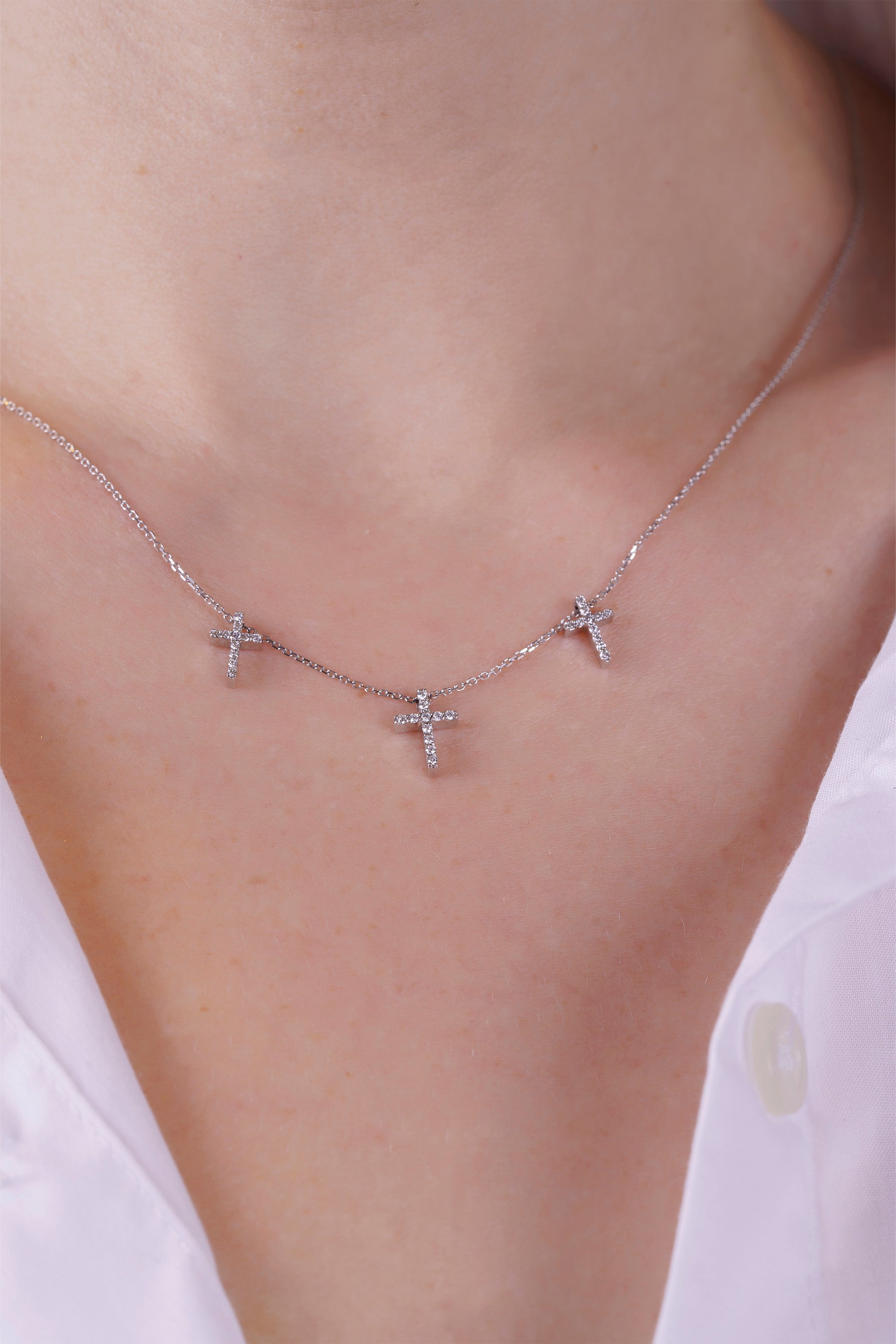 14K Gold Triple Cross Necklace / Diamond Cross Necklace