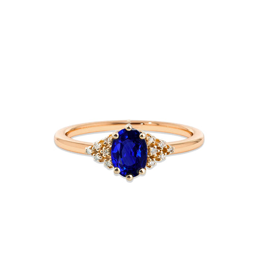 14K Solid Gold Oval Cut Natural Diamond Sapphire Ring