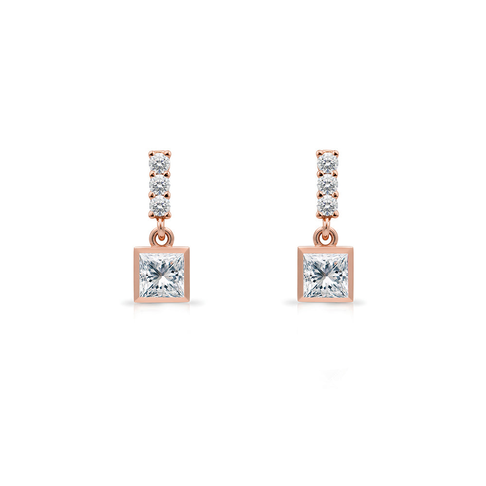 14K Gold White Sapphire Square Earrings