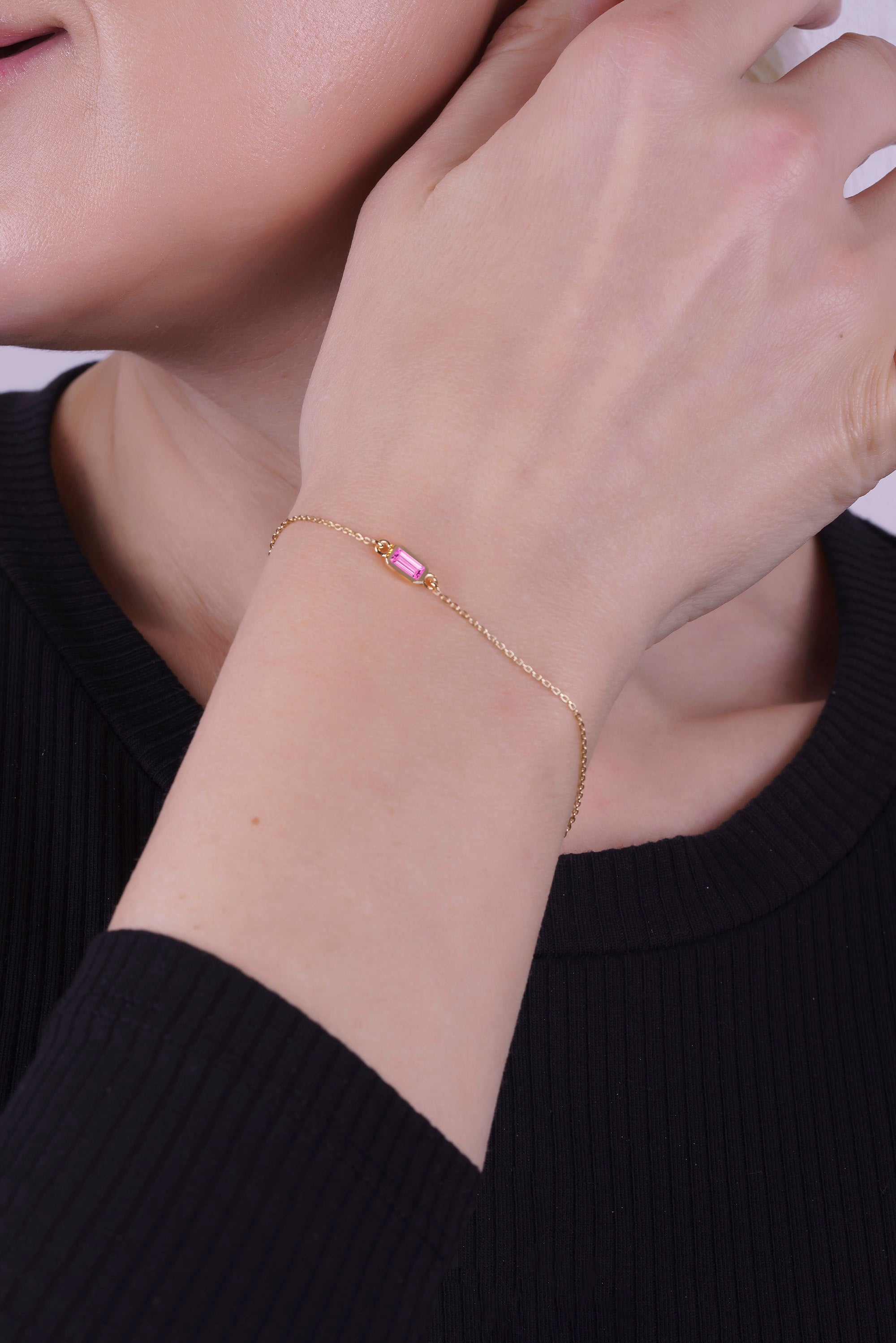 Baguette Pink Sapphire Bracelet, Minimalist Feminine Bracelet
