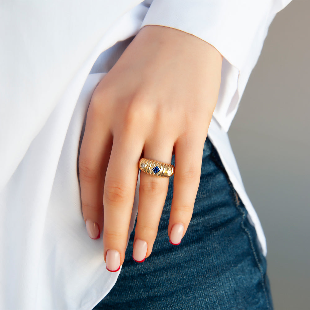 14K Gold Natural Sapphire Dome Ring