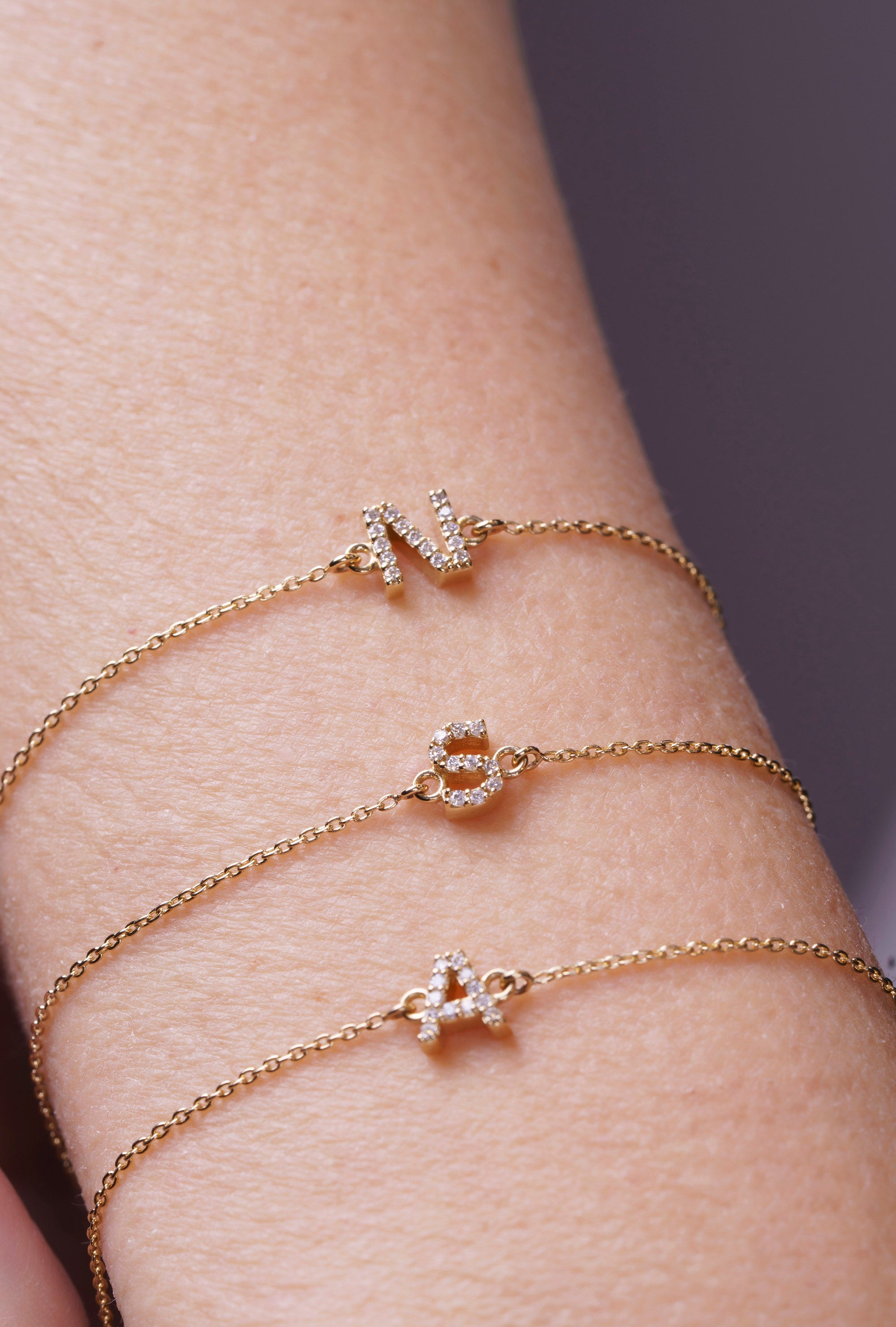 14K Gold Initial S Bracelet / Diamond Letter Bracelet