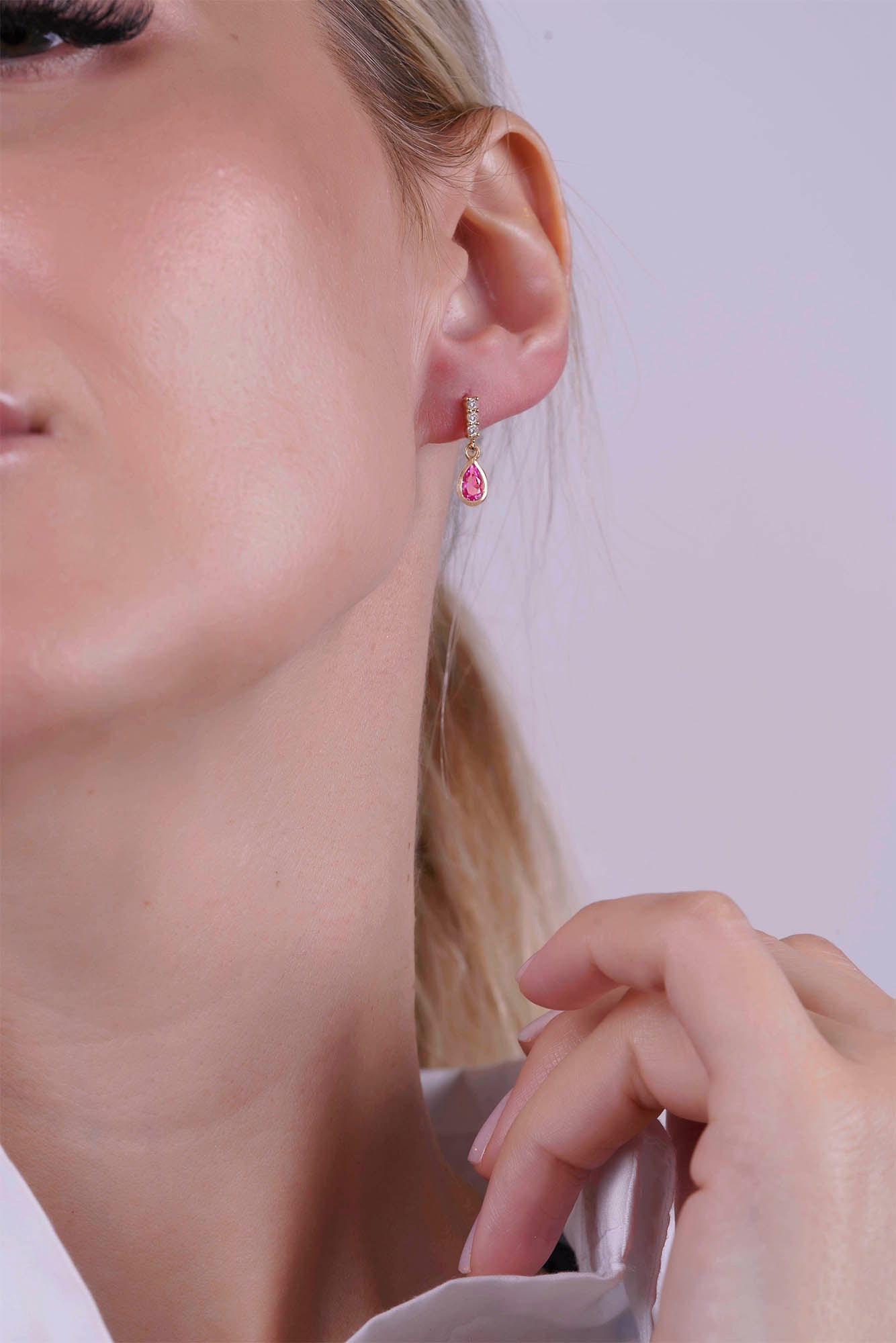 14K Gold Pink Sapphire Teardrop Earrings