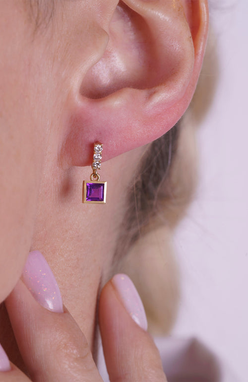 14K Gold Amethyst Square Earrings