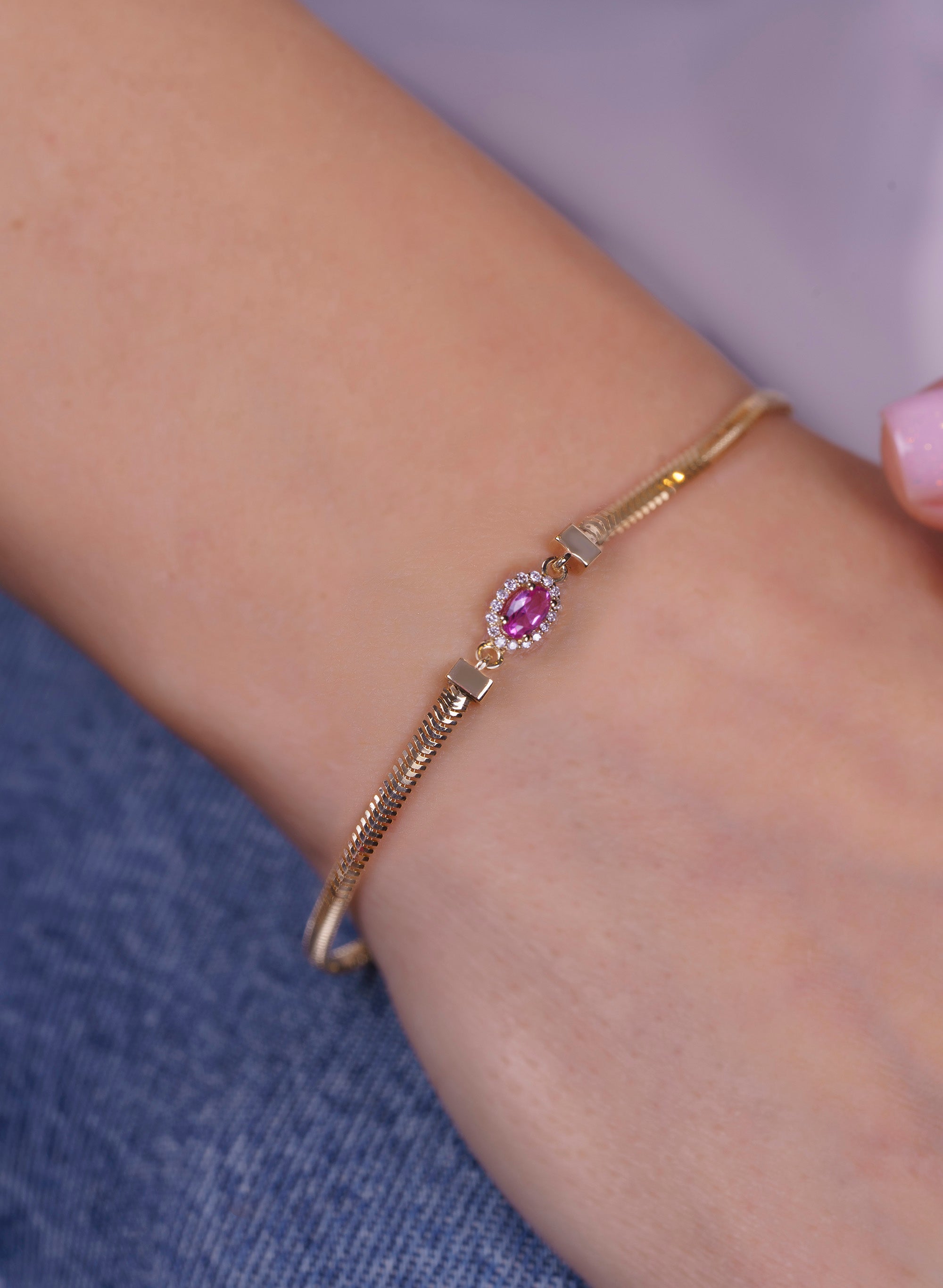 14K Gold Oval Pink Sapphire Diamond Bracelet