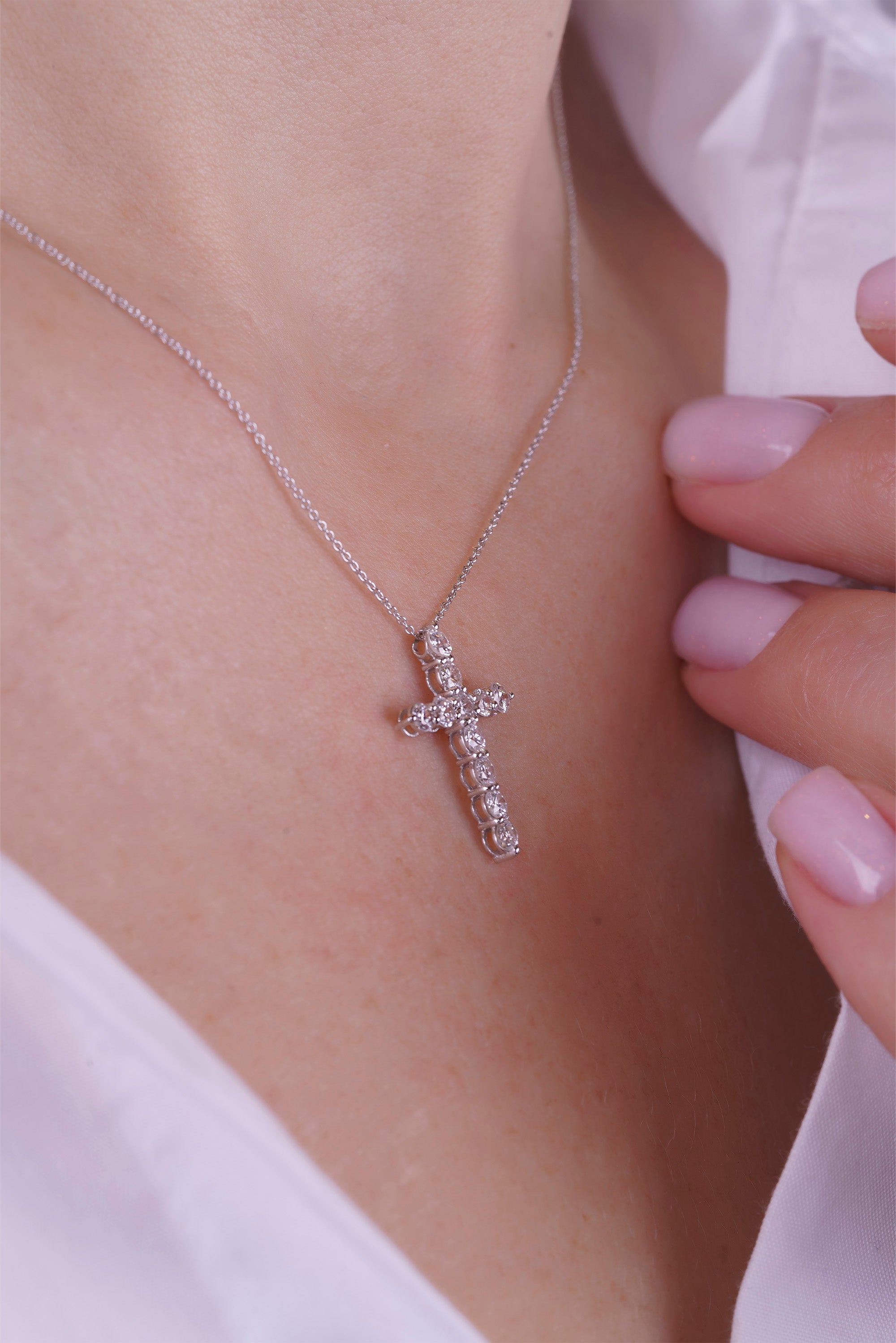 14K Gold Diamond Cross Necklace / Round Diamond Cross Pendant