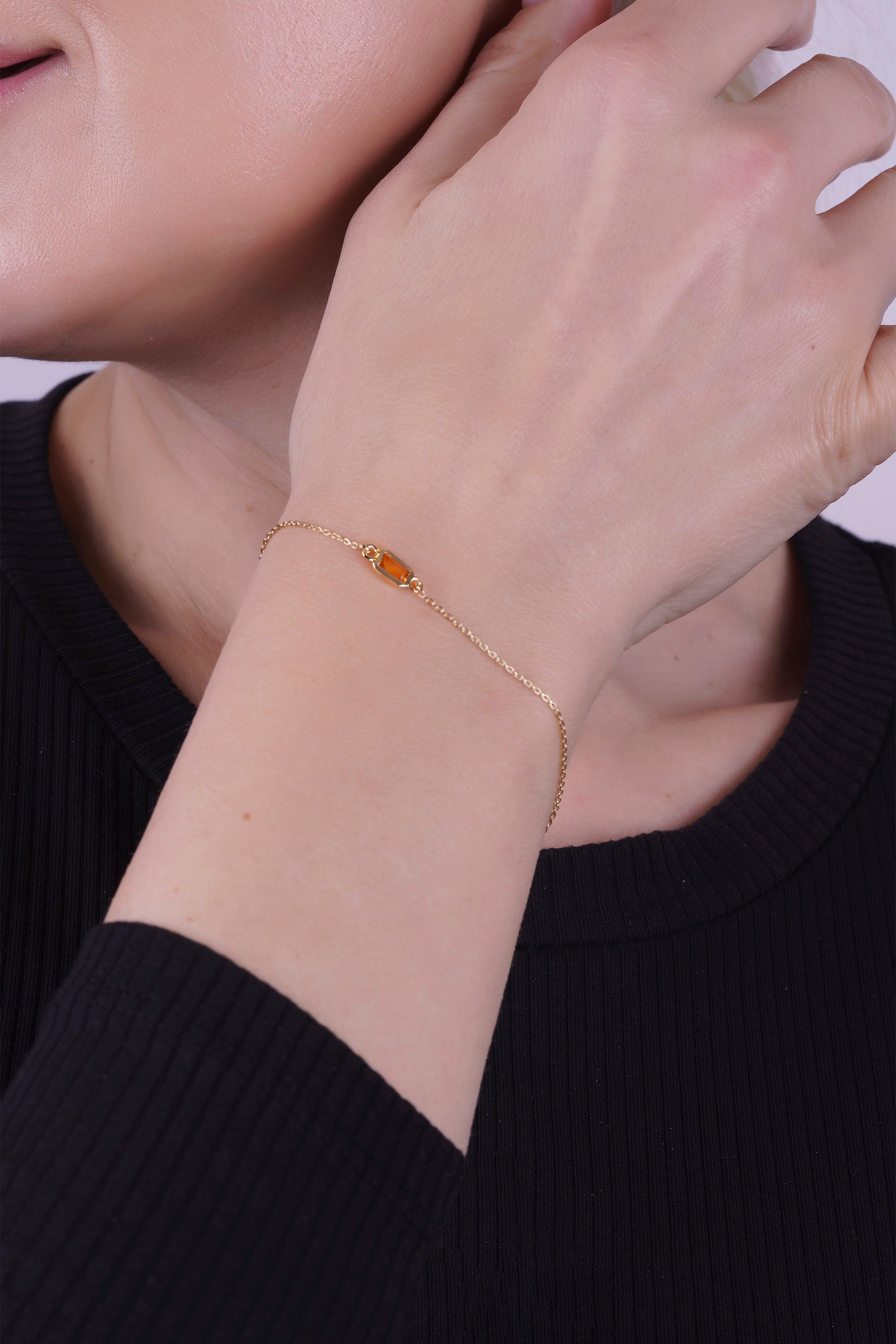 Natural Citrine Gold Bracelet, Handmade Baguette Bracelet