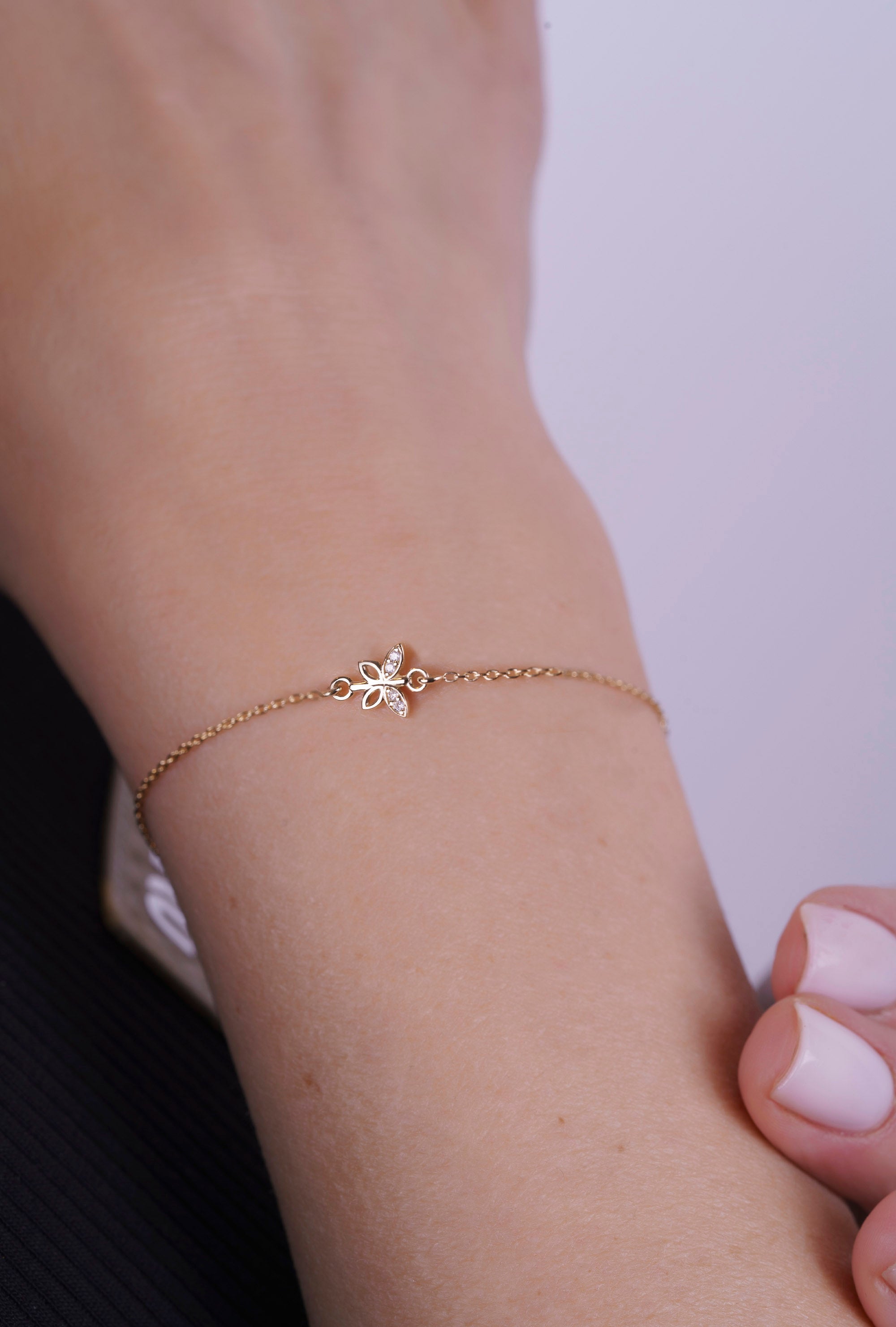 14K Gold Butterfly Bracelet / Diamond Butterfly Charm Bracelet