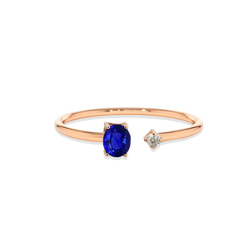 Minimalist 14K Gold Ring with Oval Blue Sapphire and Sparkling Diamond Accent