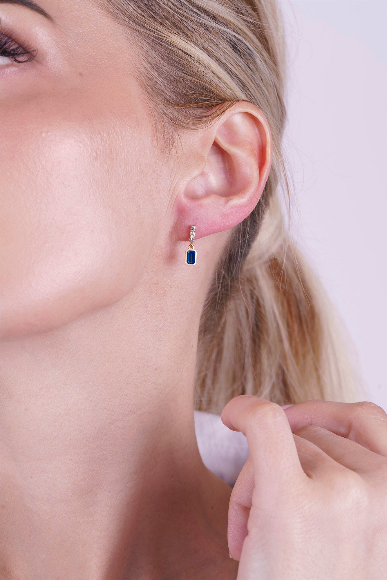 14K Gold Blue Sapphire Rectangular Earrings