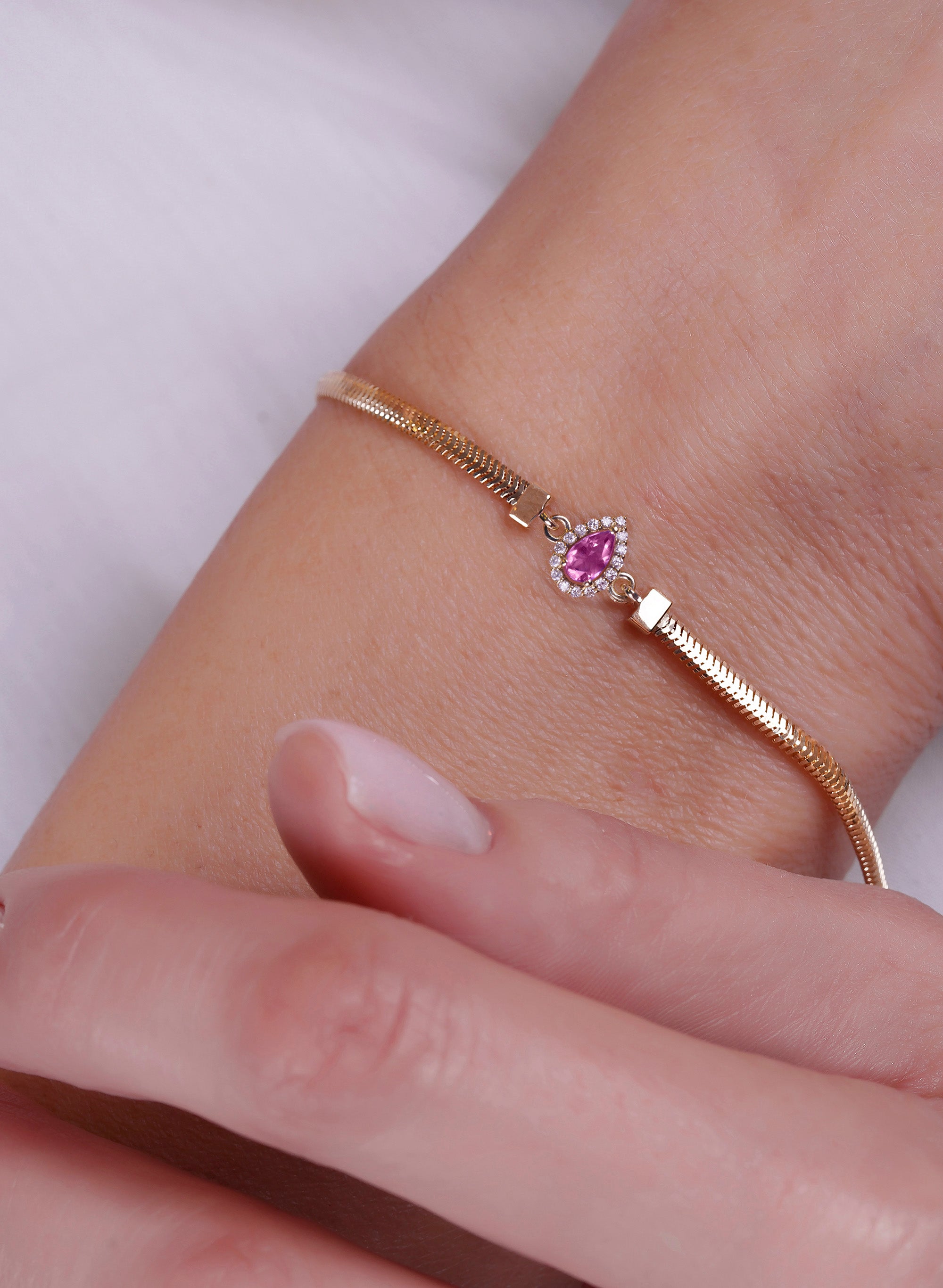 14K Gold Pear Pink Sapphire Bracelet / Feminine Bracelet
