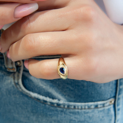 14K Gold Blue Sapphire & Diamond Pear-Shaped Signet Ring