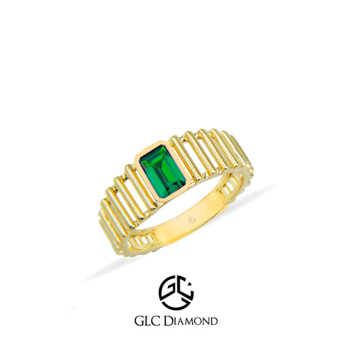 14K Gold Emerald Ring with Rectangular Emerald Gemstone and Unique Band Design