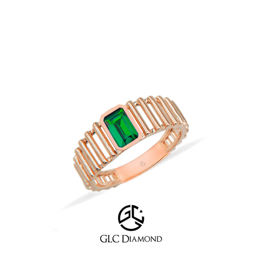 14K Gold Emerald Ring with Rectangular Emerald Gemstone and Unique Band Design