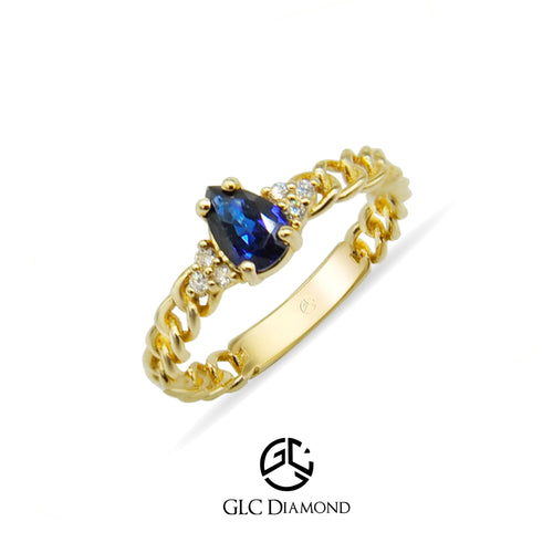 14K Gold Pear Cut Diamond Sapphire Curb Chain Ring