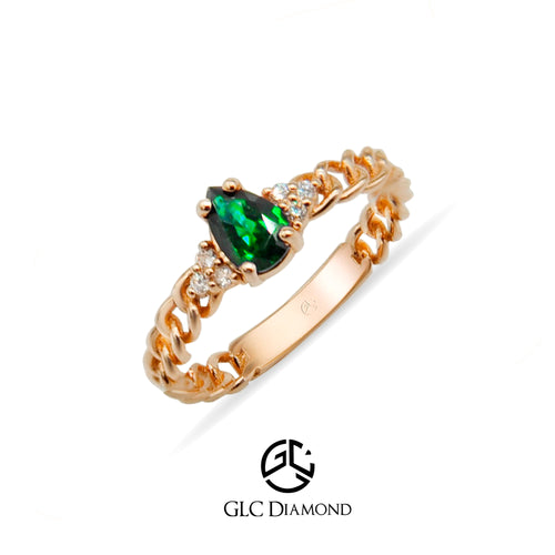 14K Gold Pear Cut Diamond Emerald Curb Chain Ring