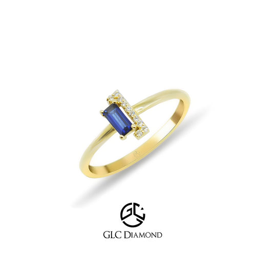 14K Solid Gold Baguette Diamond Sapphire Ring