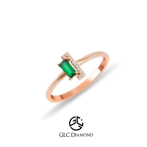 14K Solid Gold Baguette Diamond Emerald Ring