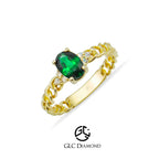 14K Solid Gold Diamond Emerald Curb Chain Ring