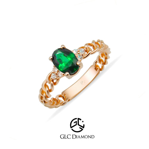 14K Solid Gold Diamond Emerald Curb Chain Ring