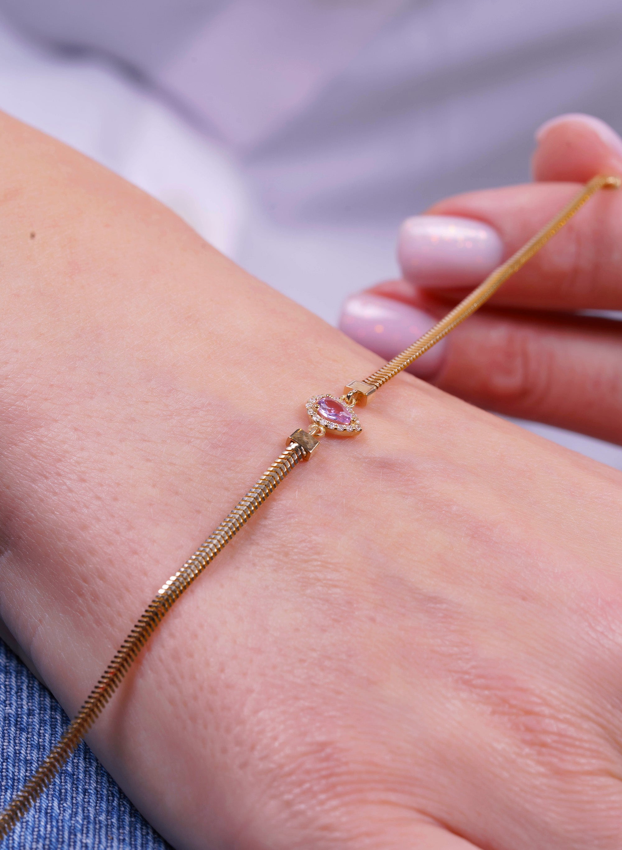 14K Gold Pear Pink Sapphire Bracelet / Feminine Bracelet