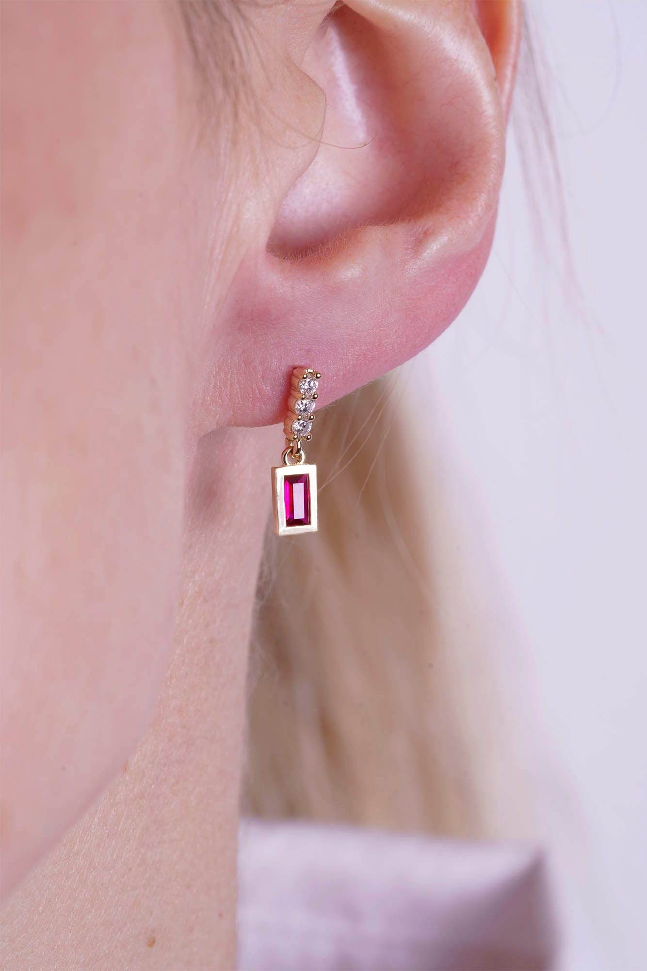 14K Gold Ruby Baguette Earrings