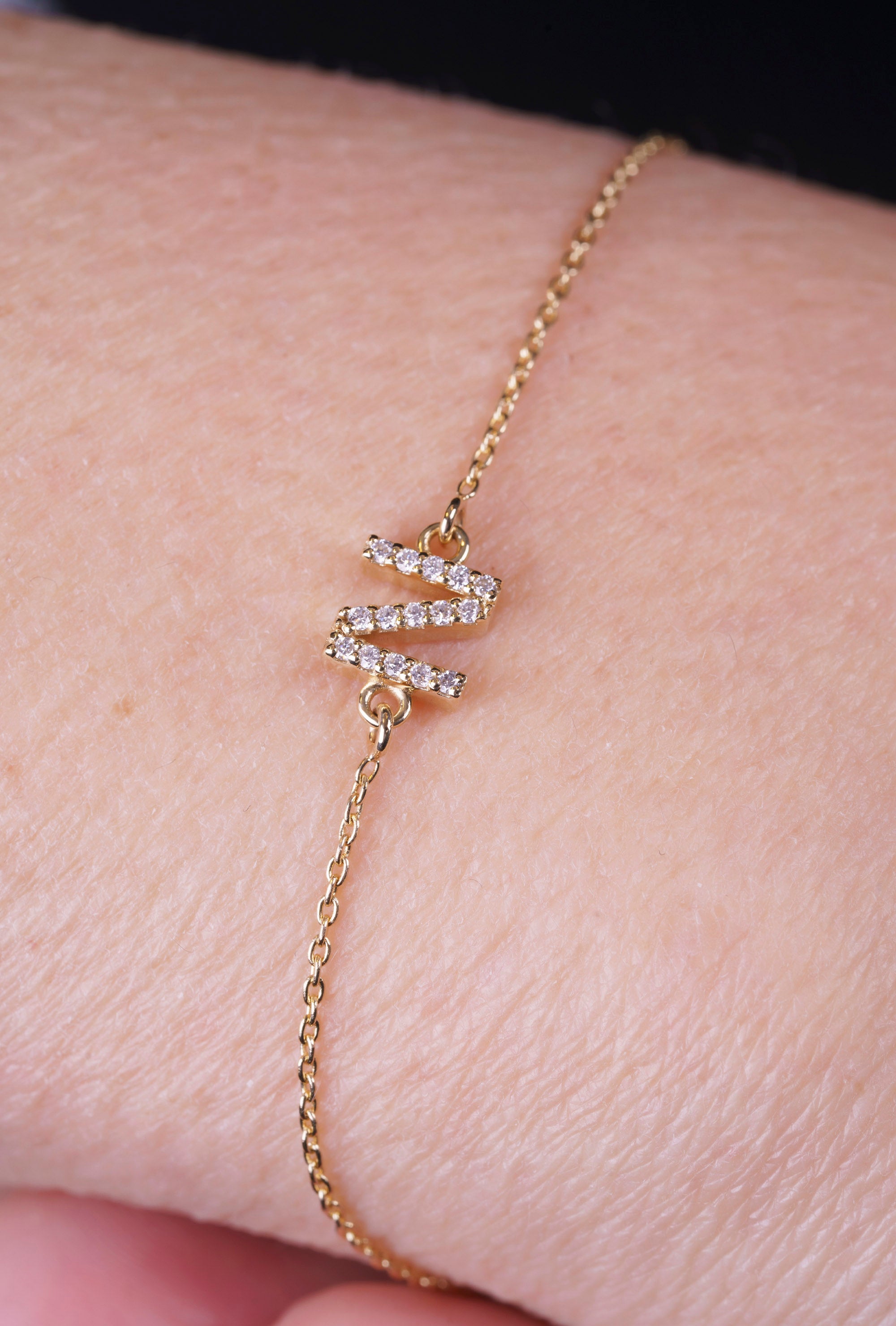 Diamond Initial Bracelet / 14K Gold Letter N Bracelet