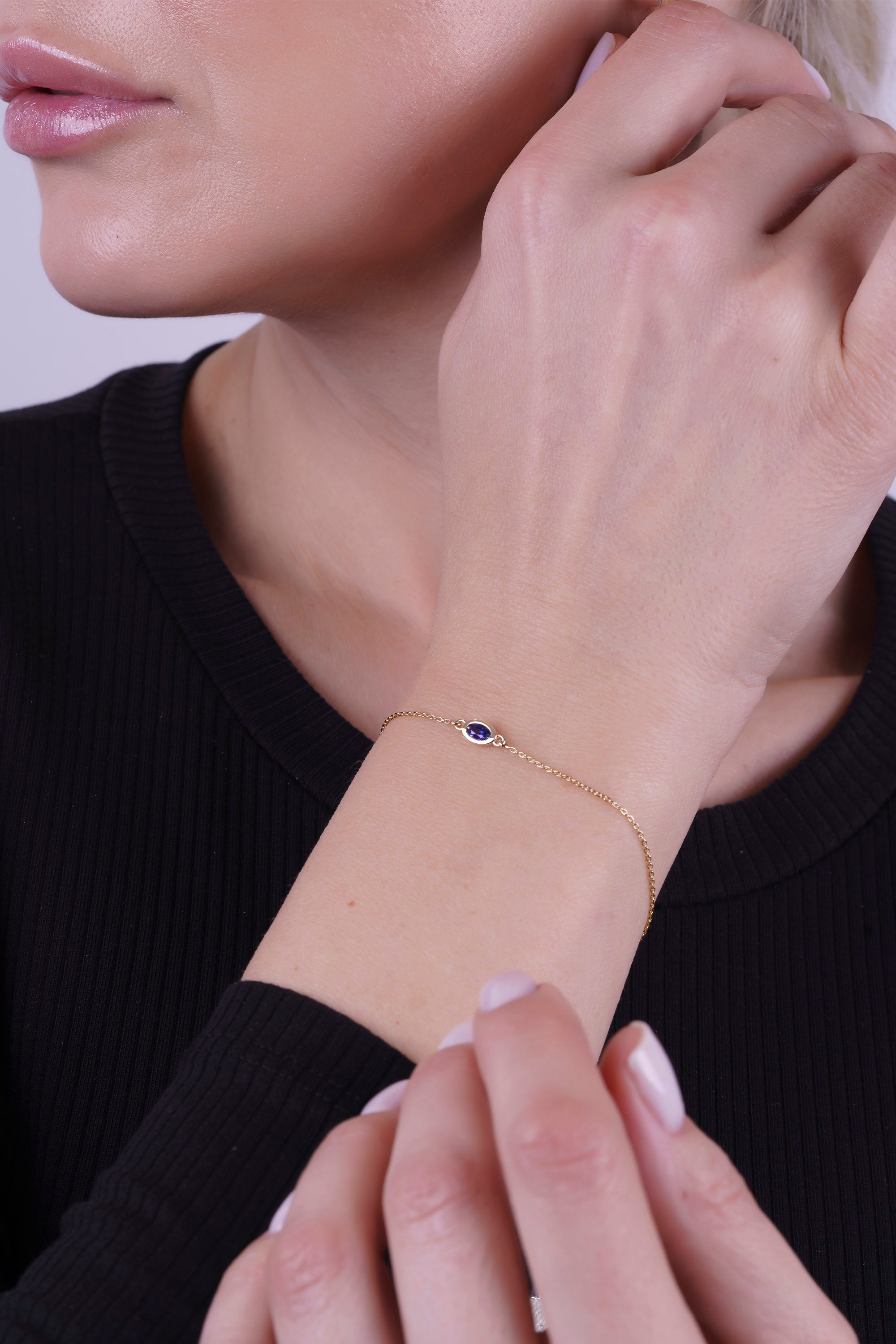 14K Gold Natural Oval Sapphire Bracelet, Handmade Sapphire Bracelet