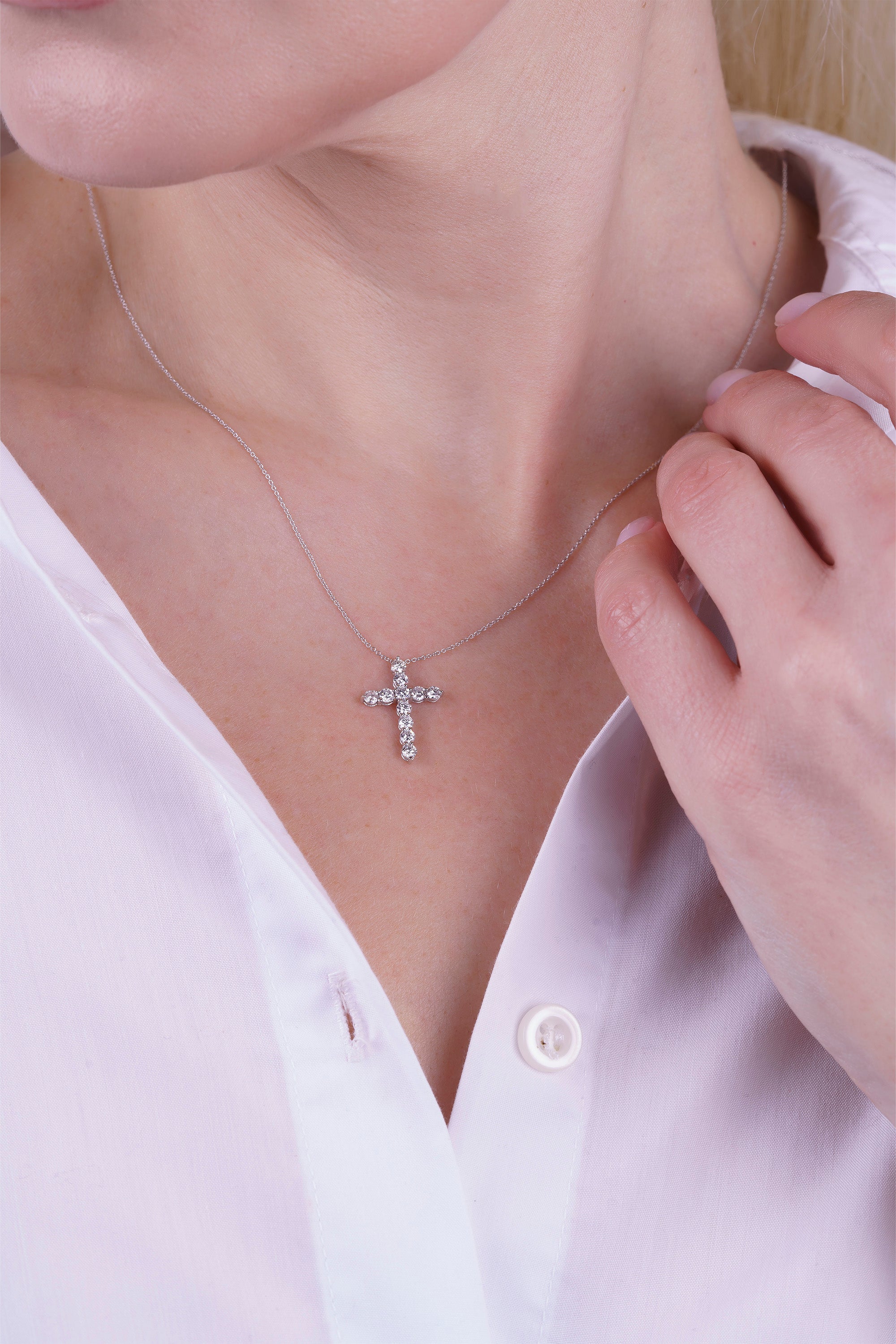 14K Gold Diamond Cross Necklace / Round Diamond Cross Pendant