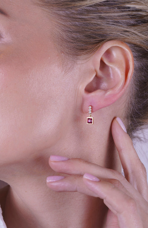 14K Gold Ruby Square Earrings