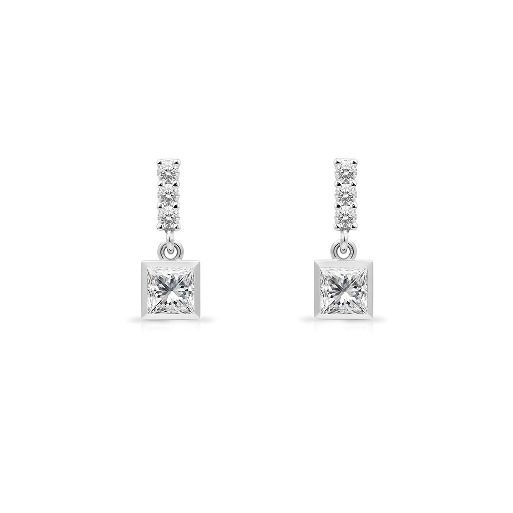 14K Gold White Sapphire Square Earrings