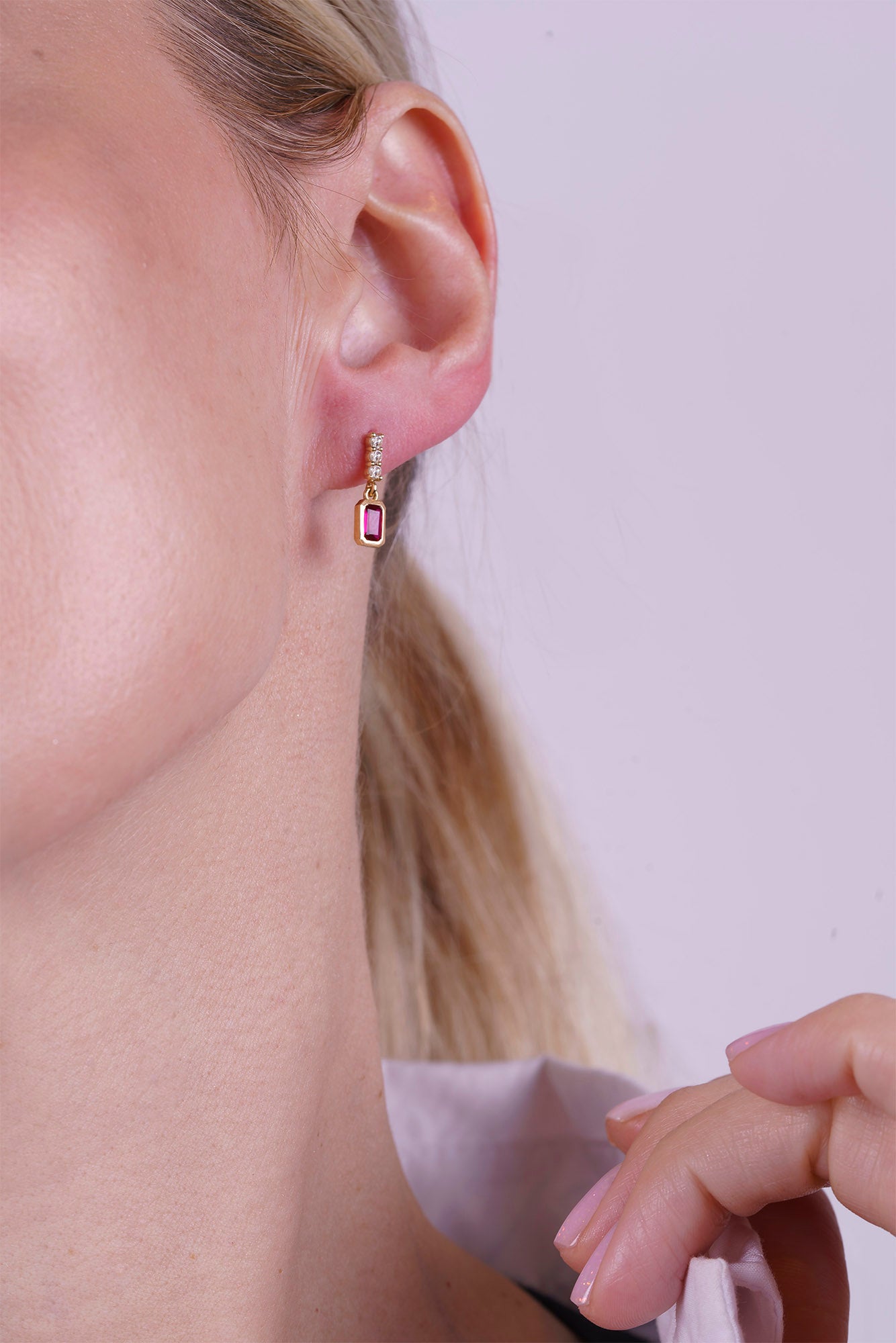 14K Gold Ruby Rectangular Earrings