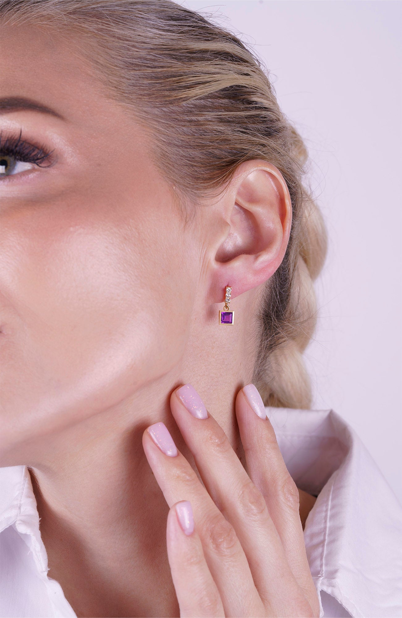 14K Gold Amethyst Square Earrings