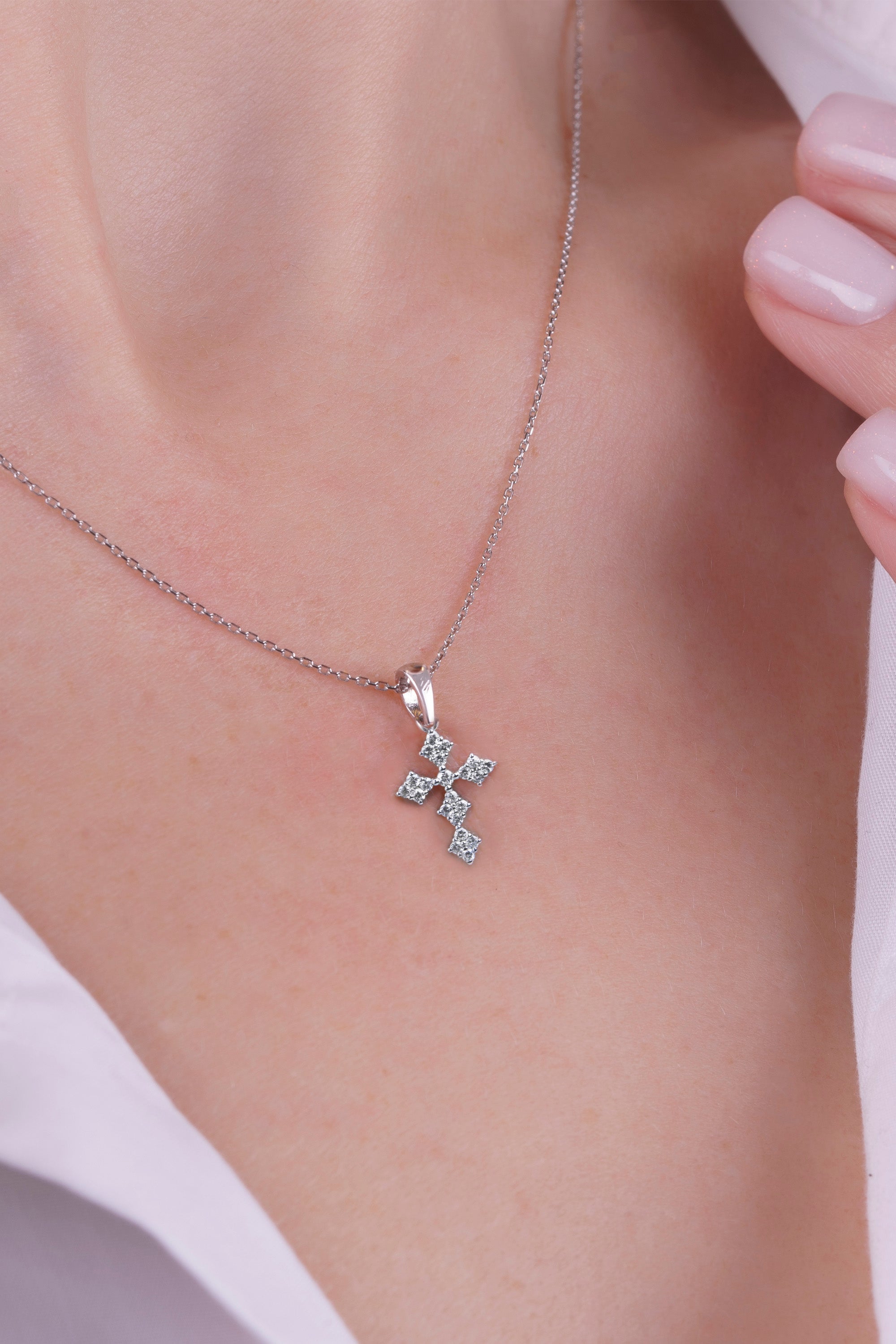 14K Gold Diamond Cross Necklace / Dainty Christian Cross Pendant
