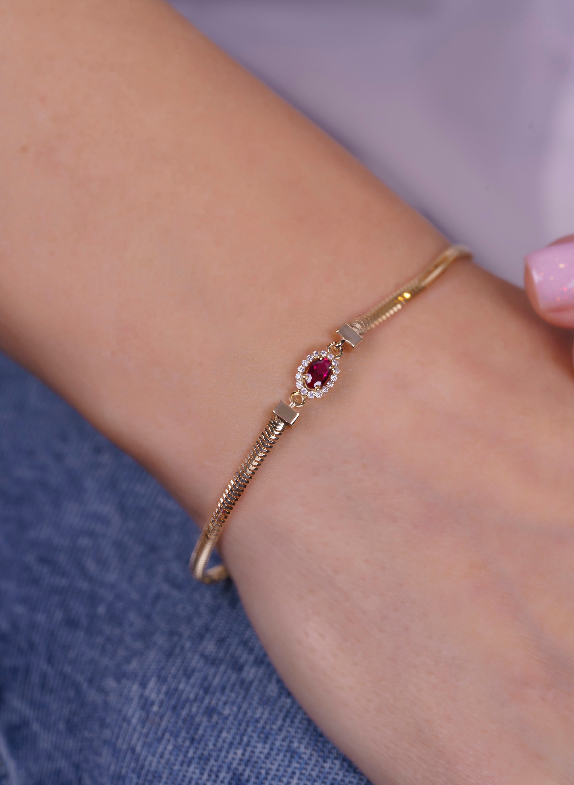 14K Gold Oval Ruby Diamond Bracelet / Anniversary Gift for Women