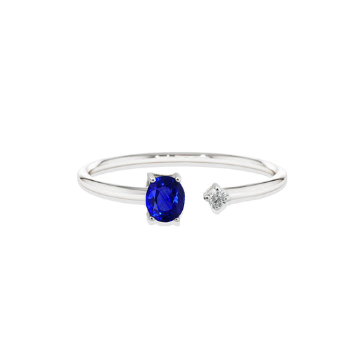 Minimalist 14K Gold Ring with Oval Blue Sapphire and Sparkling Diamond Accent