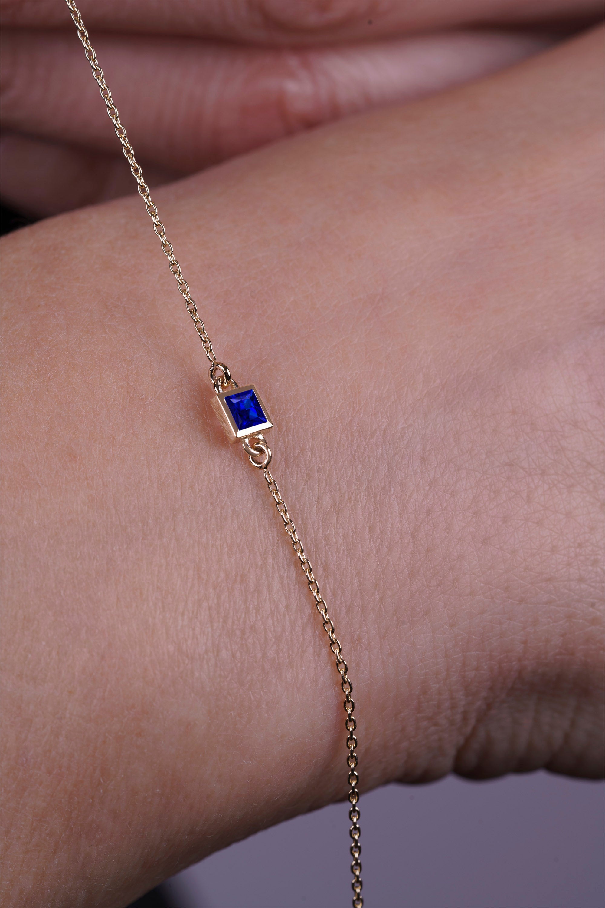 14K Gold Princess Cut Sapphire Bracelet, Birthday Gift