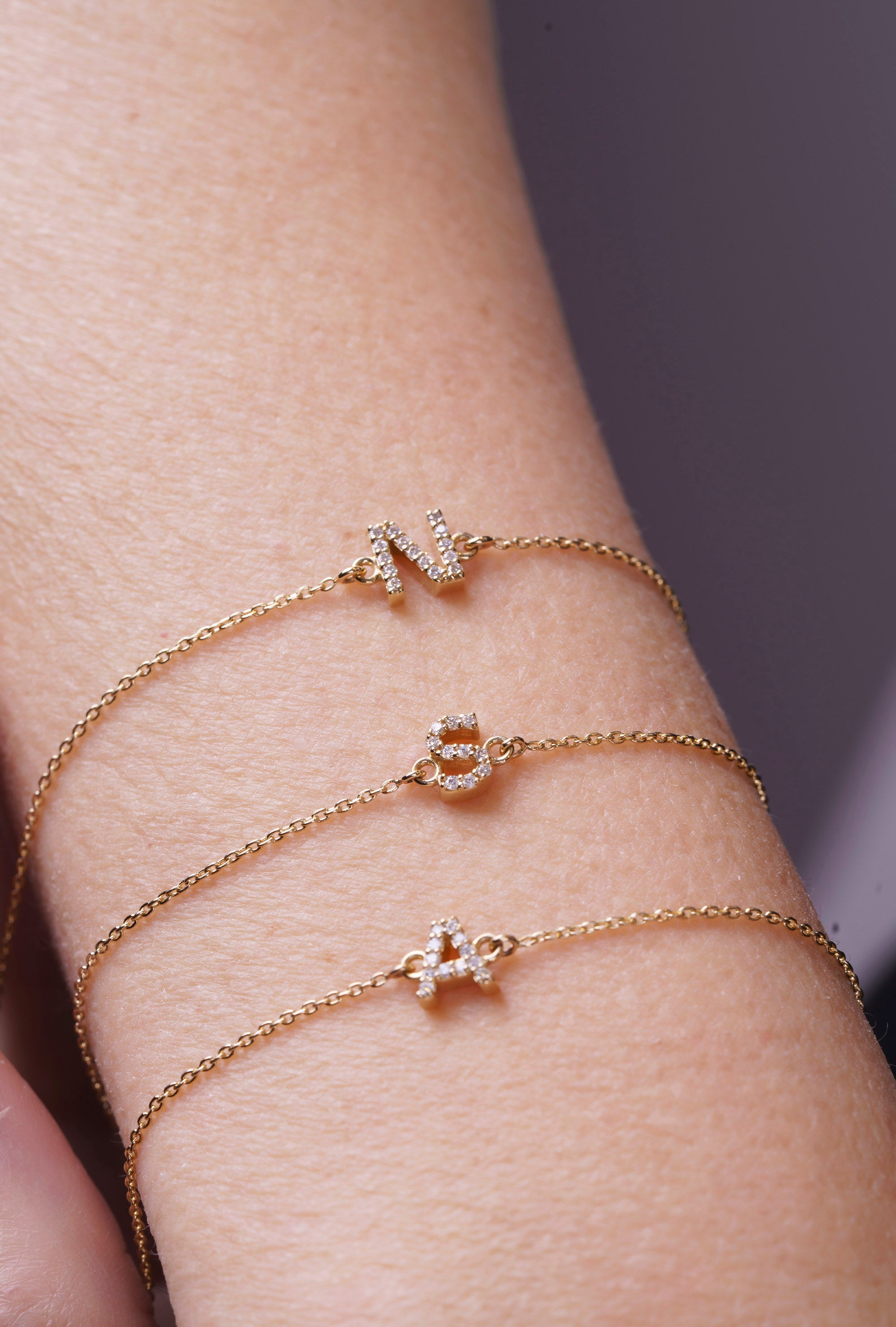 14K Gold Letter Bracelet / Initial A Diamond Bracelet