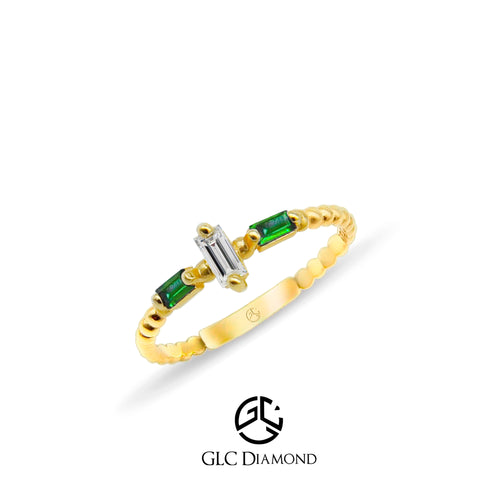 14K Gold Baguette Cut Three Stone Diamond Emerald Ring