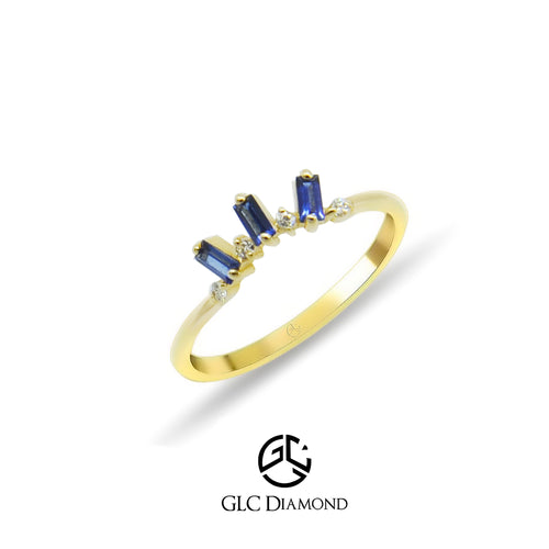 14K Solid Gold Baguette Diamond Sapphire Ring