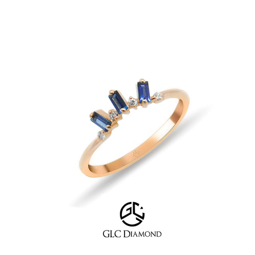 14K Solid Gold Baguette Diamond Sapphire Ring