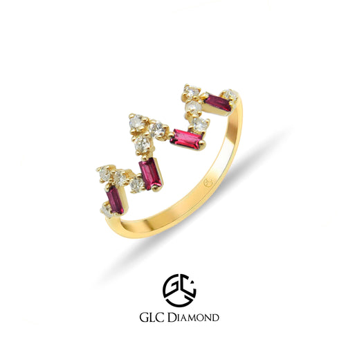 Gold Diamond Ruby V Shape Ring, 14K Solid Gold Ruby Ring