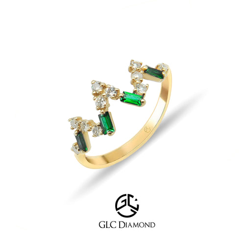 Gold Diamond Emerald Color V Shape Ring, 14K Solid Gold Emerald Ring