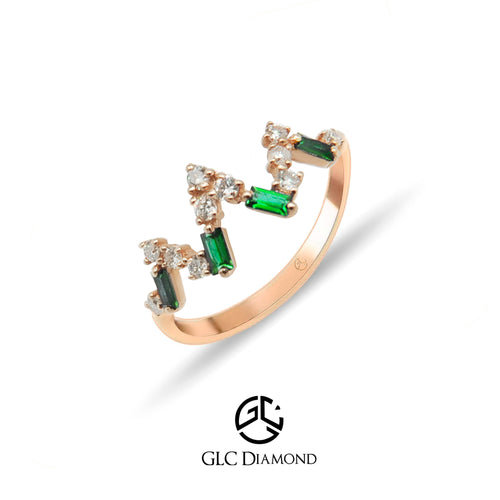 Gold Diamond Emerald Color V Shape Ring, 14K Solid Gold Emerald Ring