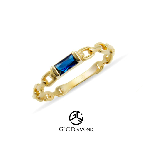 14K Gold Baguette Cut Diamond Sapphire Curb Chain Ring